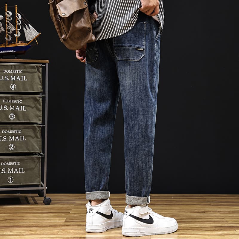 150kg plus Size outono inverno novo estilo gordura Retro lavado mais calças de brim gordas soltas elásticas pequenas cal