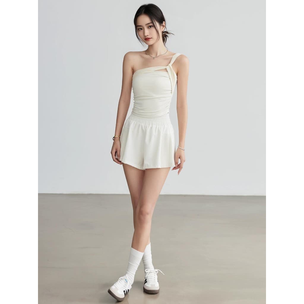 Shorts esportivos femininos verão cintura alta Anti-reflexo treinamento de corrida Pilates Fitness plissado Culottes cal