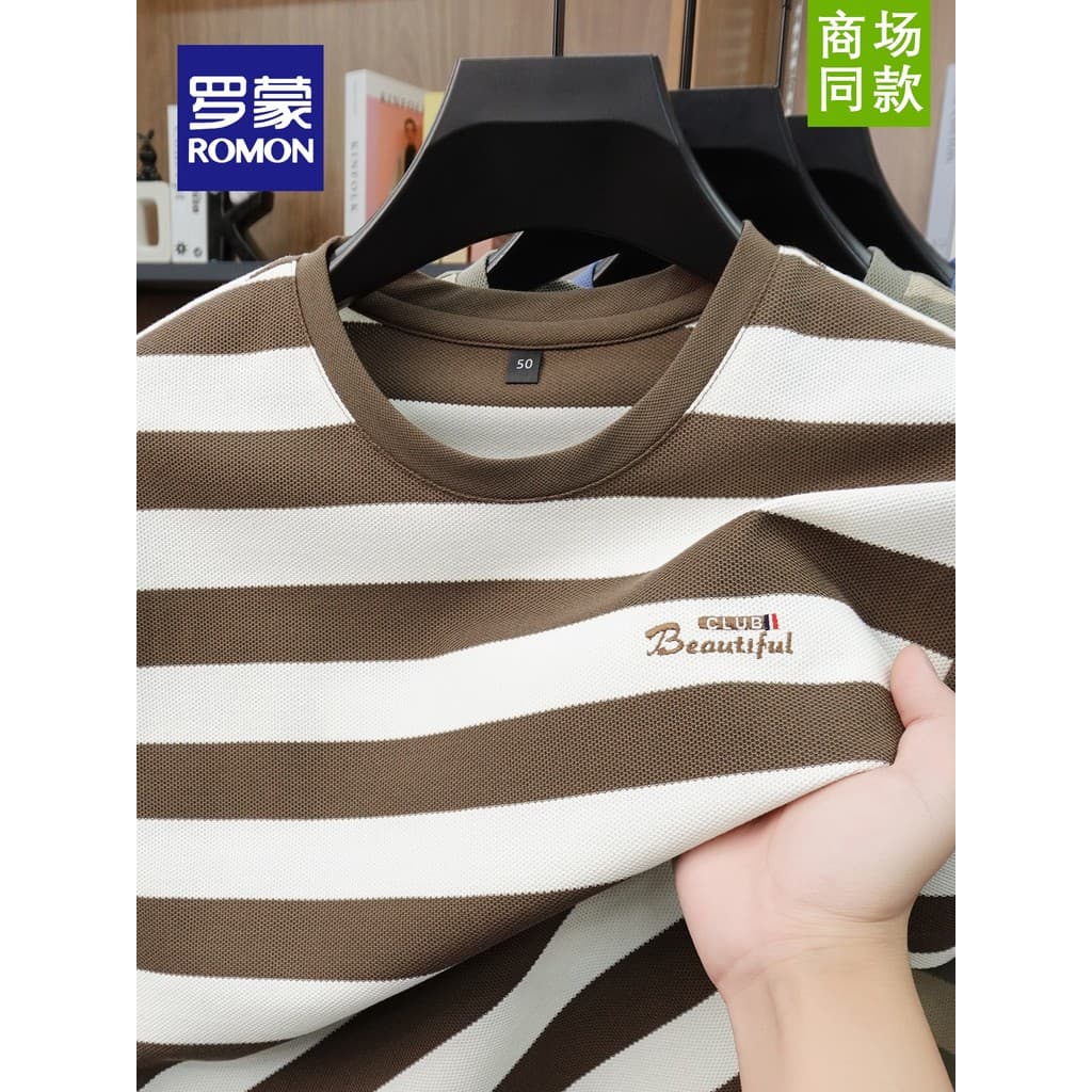 Lomon verão masculino algodão de manga curta camiseta moda Casual em torno do pescoço contraste cor listras bordado de m