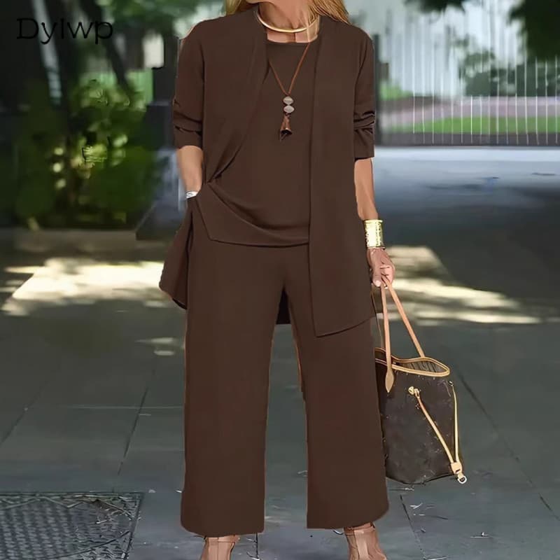 Conjuntos Femininos Cardigã De Manga Comprida + Colete + Calça Elegante Conjunto De Três Peças De Cor Sólida * & -