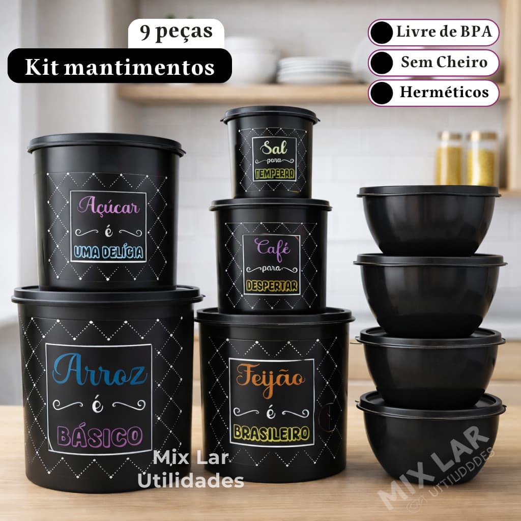 Kit de potes mantimentos de cozinha 9 peças plásticos decorado