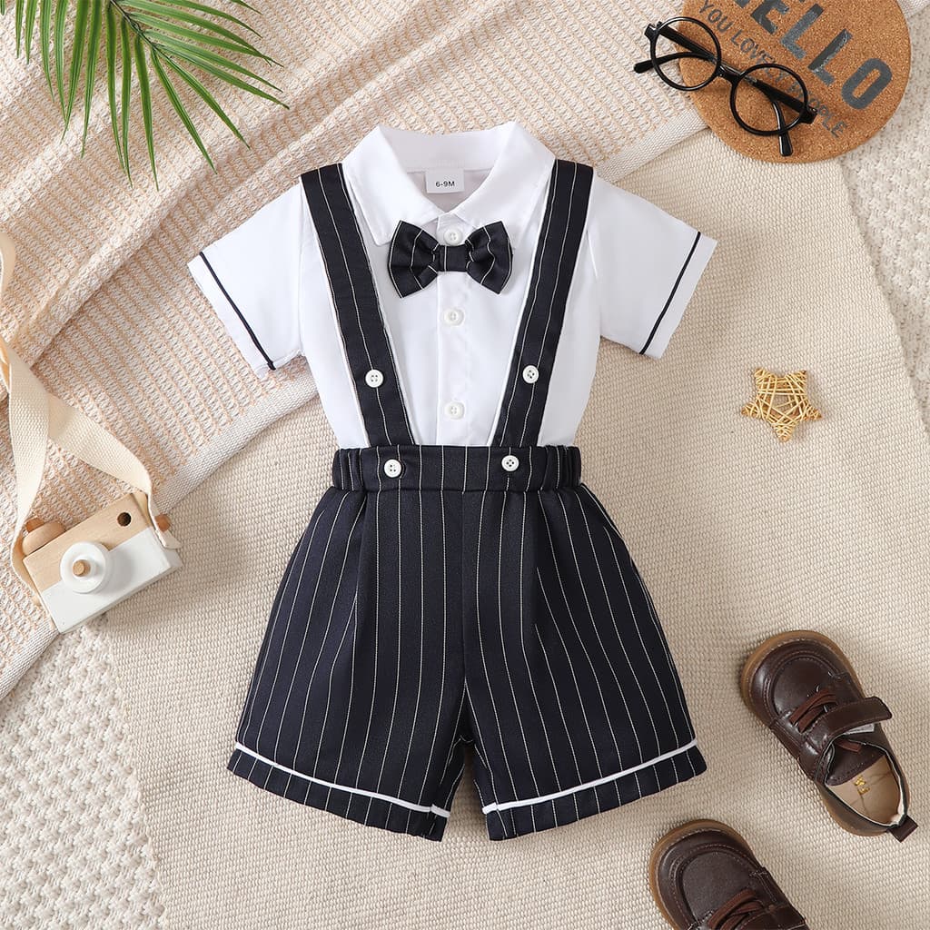 [6M-3Y] Conjunto Formal De 2 Peças Para Bebês Meninos , Camisa De Manga Curta Com Gola E Gravata Borboleta + Calça Babad
