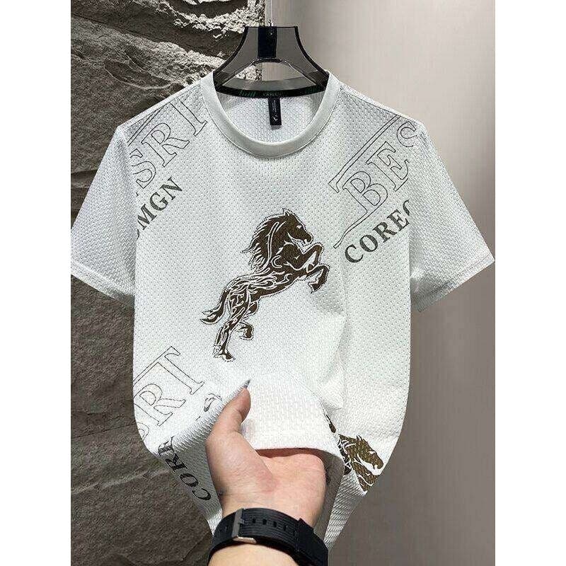 Verão High-End Jacquard masculino em torno do pescoço de manga curta camiseta na moda impresso gelo seda estilo fino