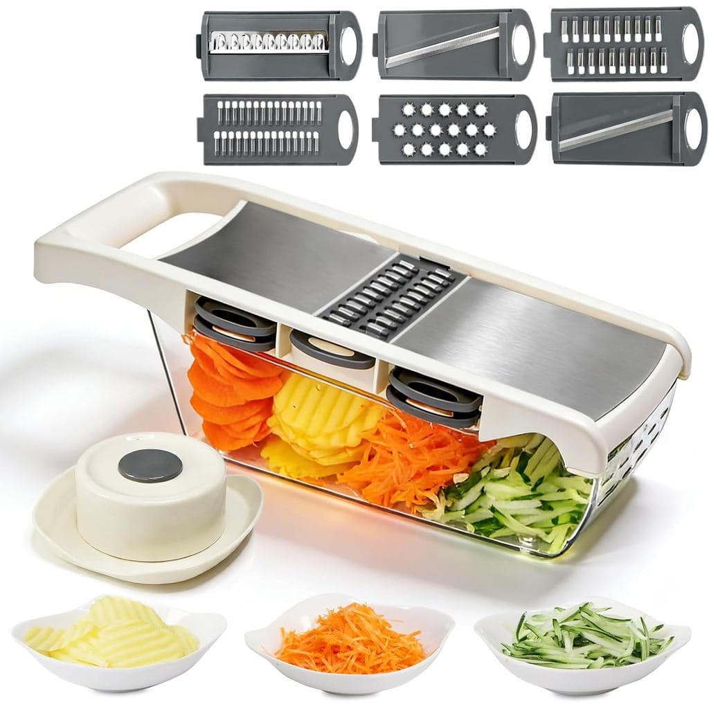 Cortador de Legumes 6 em 1 para Cozinha, Cortador de Legumes com Múltiplas Lâminas e Bandeja de Drenagem, Lâminas de Aço