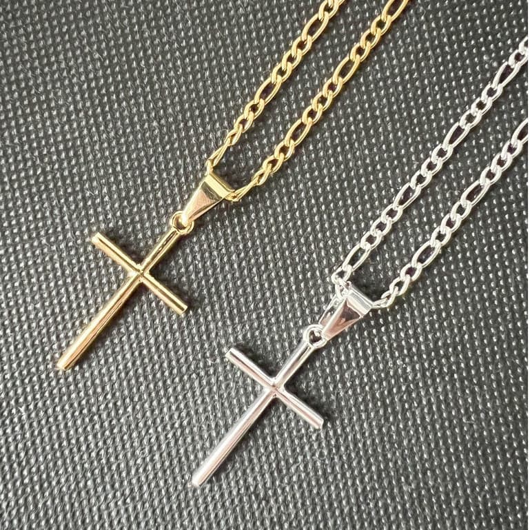 Kit Corrente  + Pingente Cruz Palito Prateado e Dourado Banhados a ouro 18k Cordão 3x1