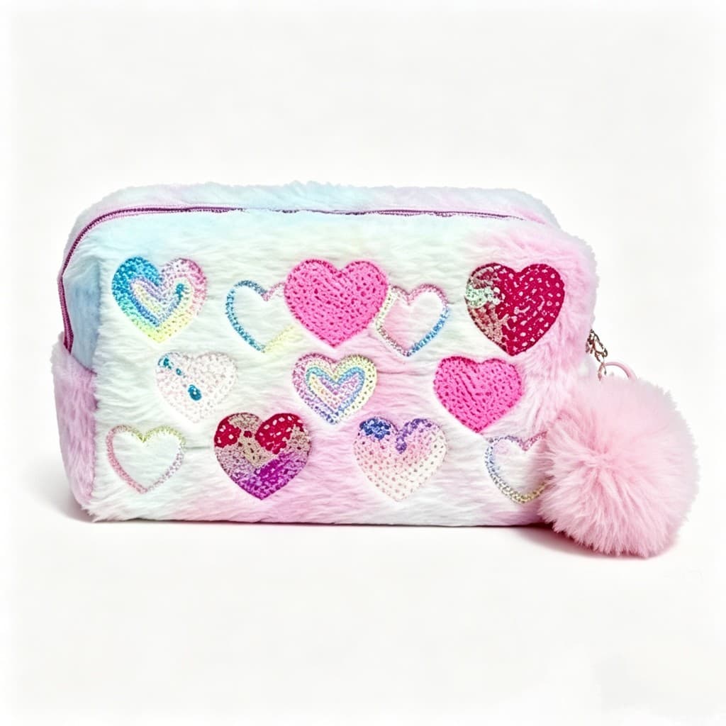 Necessaire de Pelúcia com Corações Coloridos e Pompom Portátil para Maquiagem Cosméticos Viagem e Uso Diário