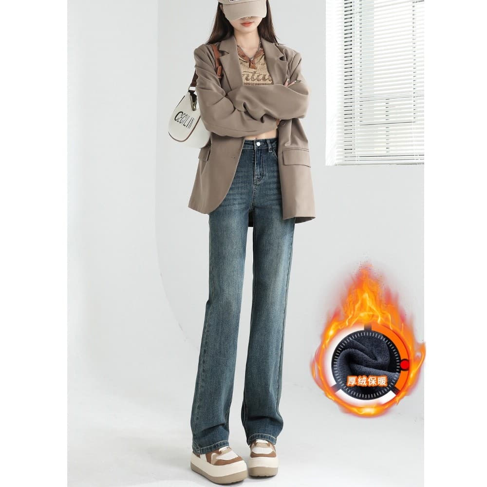 2025 outono inverno venda quente lã fina mais magro olhar Jeans retos feminino pequeno tornozelo comprimento forro de lã
