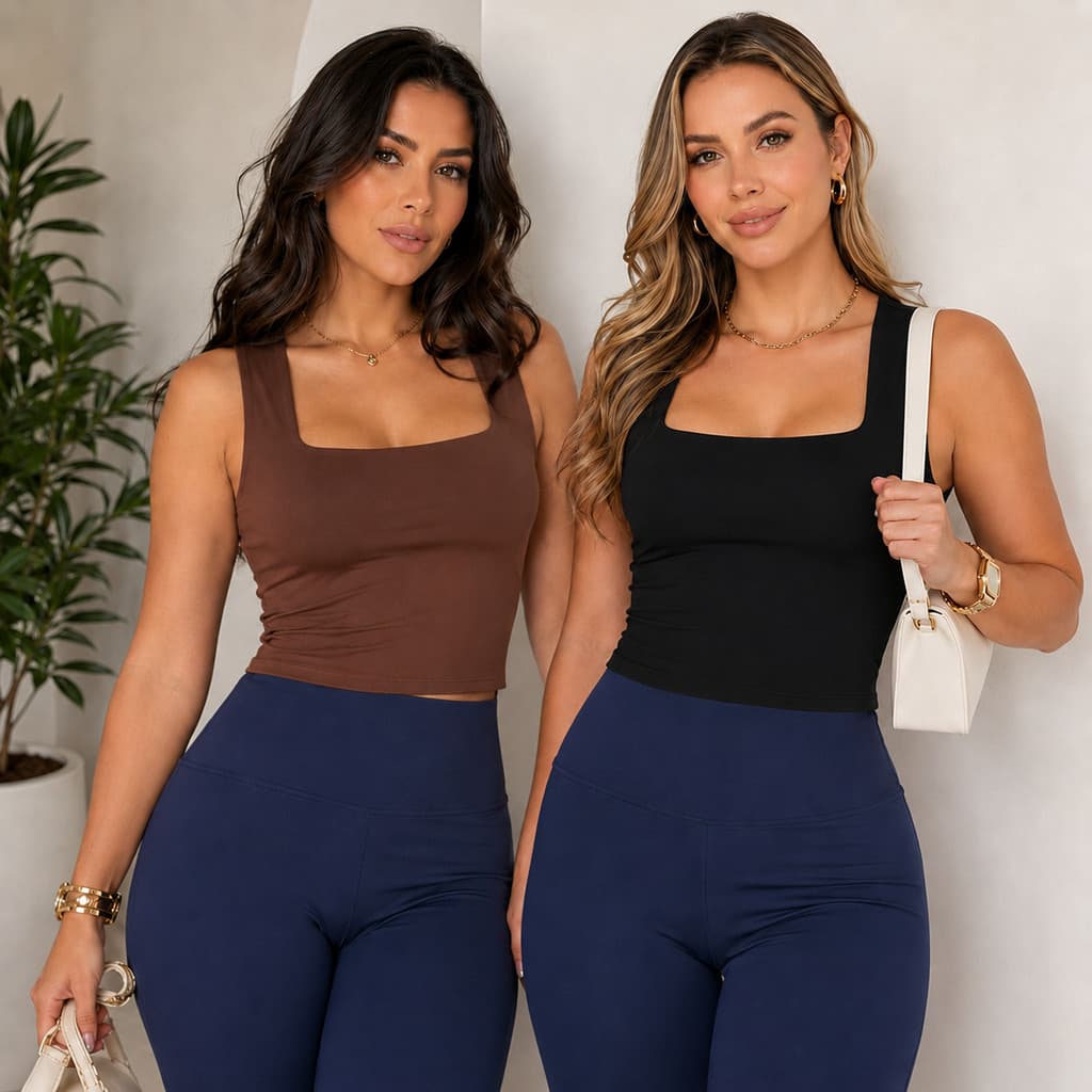 Kit 2 Regatas Femininas Cropped Decote Quadrado Forrada Sem Transparência Básica Premium