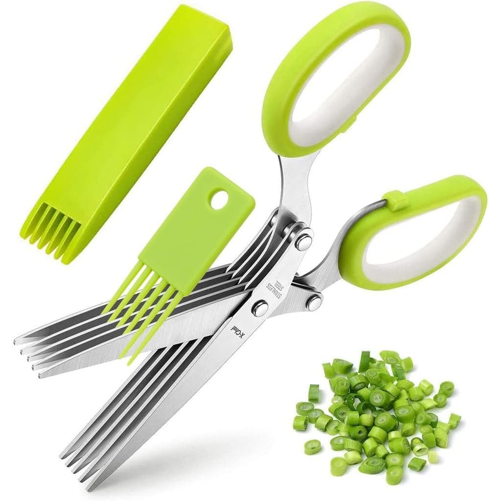 Tesoura para Ervas, Tesoura de Cozinha Multifuncional X-Chef com 5 Lâminas, Cortador de Ervas com Tampa de Segurança e P