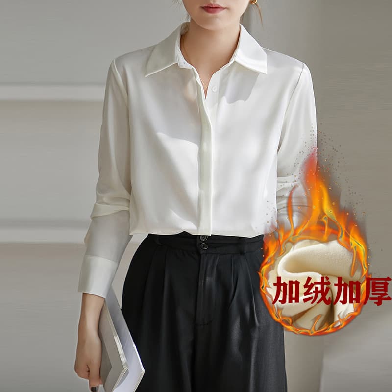 Camisa de Chiffon de manga comprida forro de lã feminino outono inverno 2025 novo estilo Commuter Drape topo branco escu
