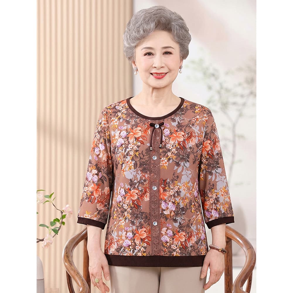 Camiseta de verão para idosos de meia-idade, roupas femininas idosas, Floral, manga três quartos, gola redonda, elástica