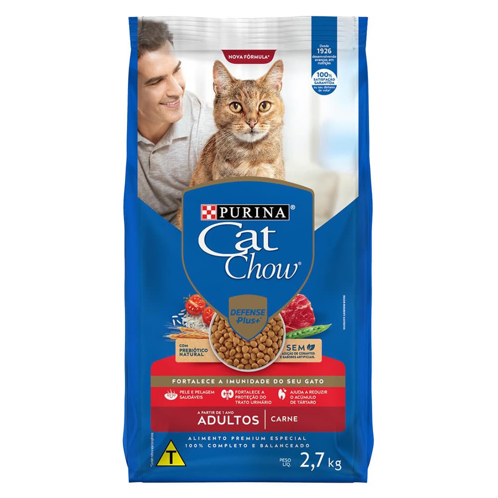 Ração Cat Chow Defense Plus Gato Adulto Carne 2,7 Kg Nestlé Alimento Seco para Gatos