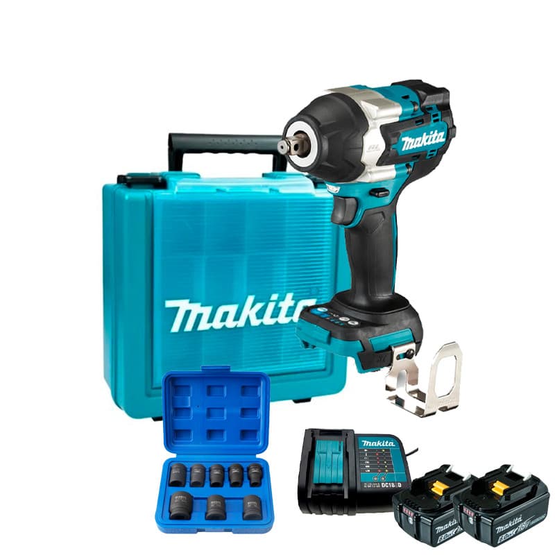 Chave de Impacto 1/2" Bateria 18V LXT Makita DTW700Z + Kit 2 Baterias 6Ah e Carregador Bivolt + Jogo de Soquete 8 pcs