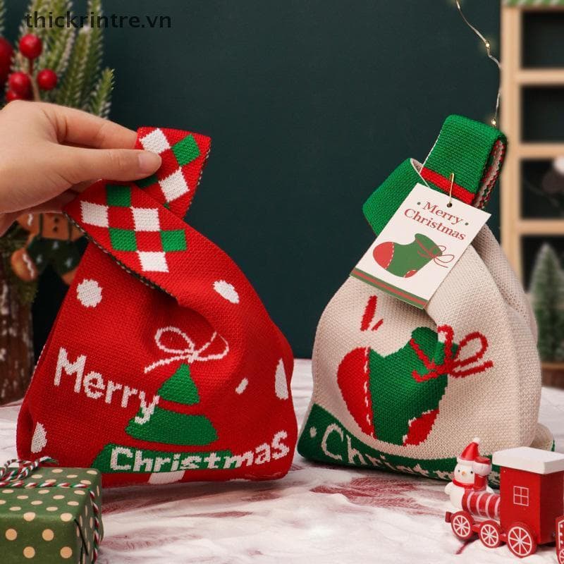 THI Sacos De Armazenamento De Natal Nó Bolsa De Pulso Papai Noel Boneco De Neve Elk Artesanal Malha Bolsas Casual Sacola
