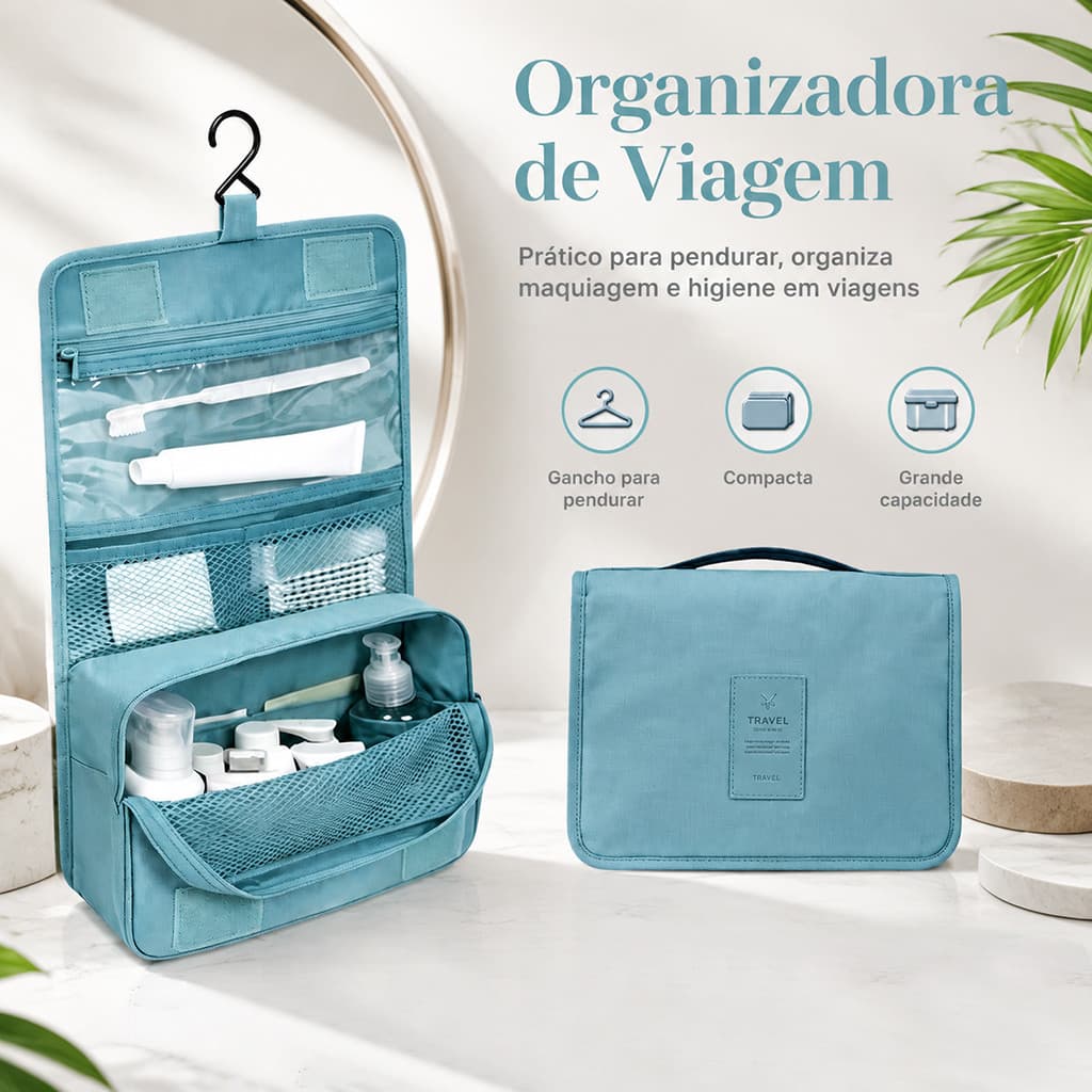 Nécessaire Organizadora de Viagem com Gancho Pendurável Divisórias para Maquiagem e Higiene Pessoal Impermeável