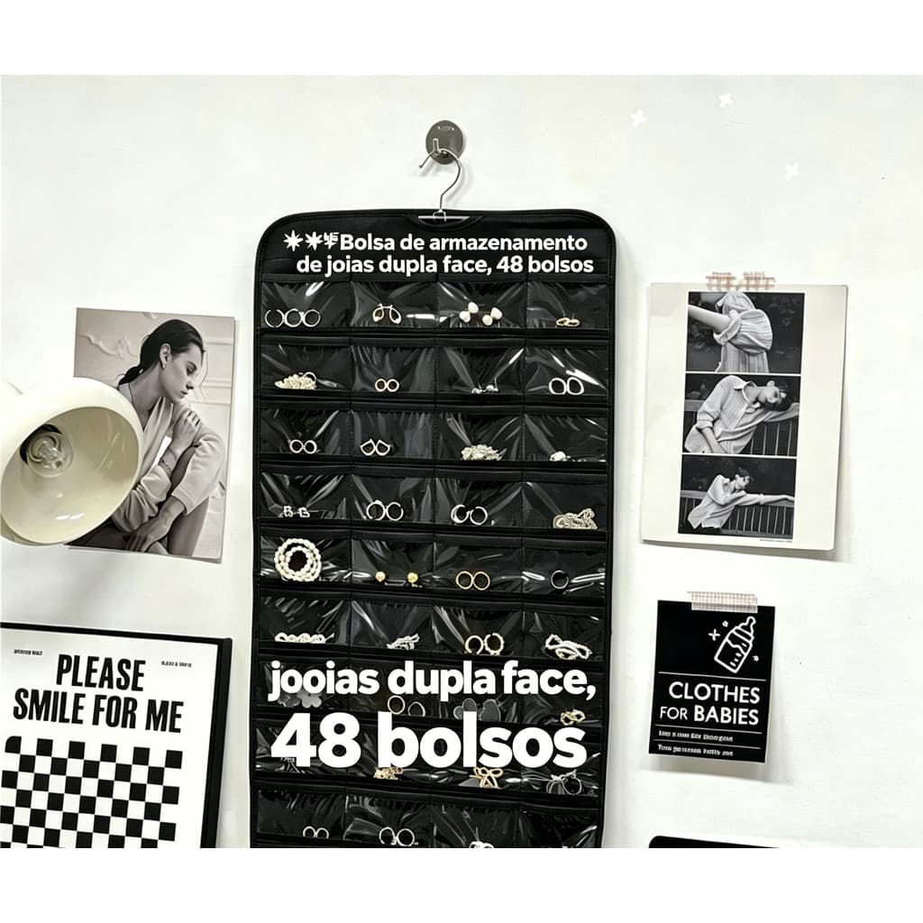 【48 Bolsos】Porta Joias de Parede – Organizador de Bijuterias com Cabide Giratório, Funcional e Compacto!