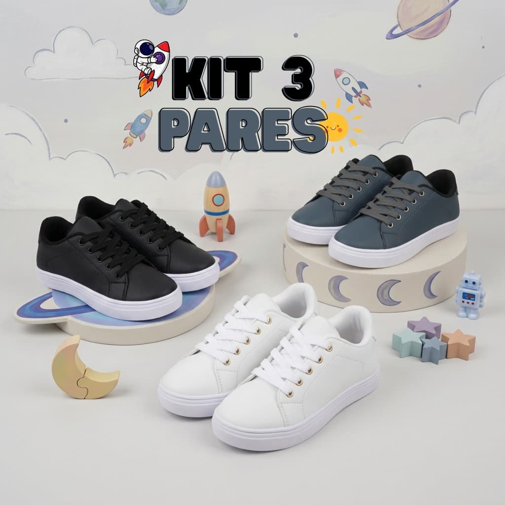 Kit 3 Tênis Infantil Menino Escolar Confortável e Leve com Solado Antiderrapante Super Promoção