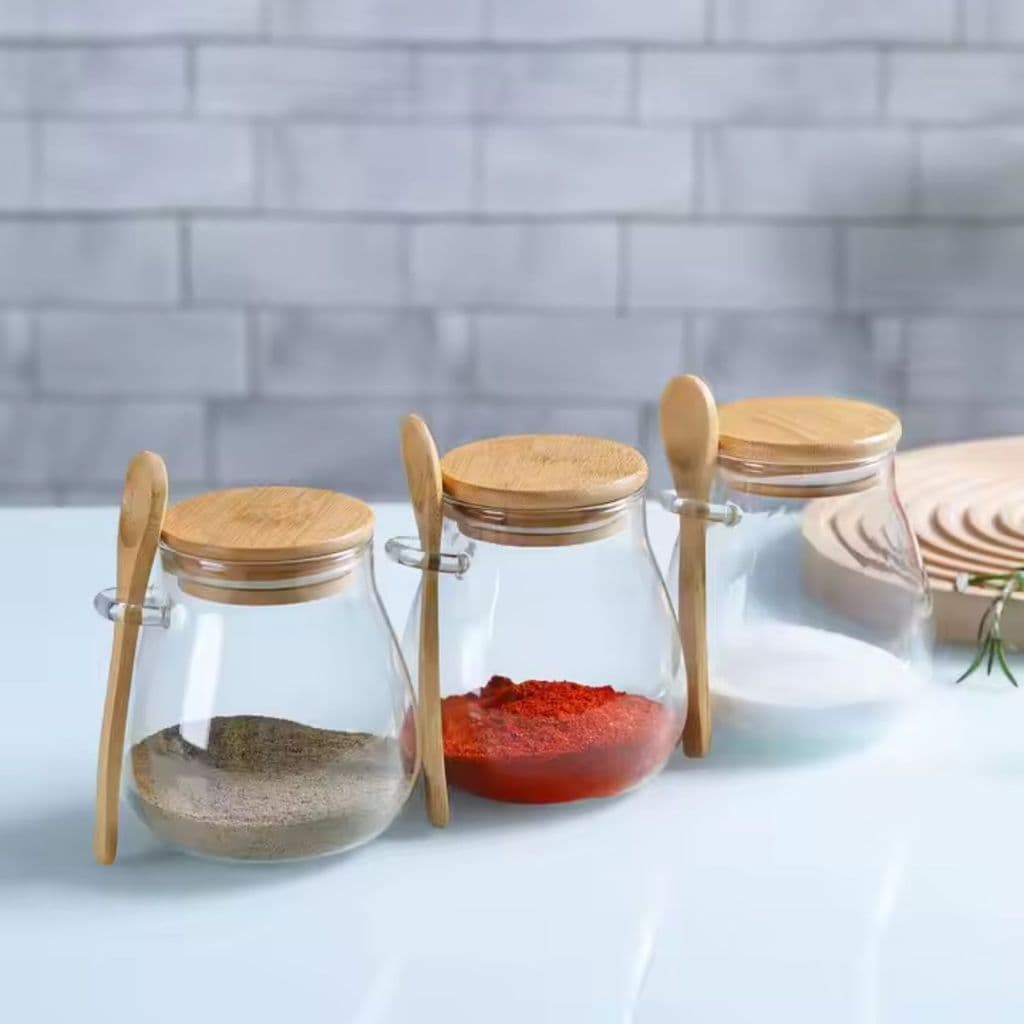 Kit 3 Potes De Vidro Herméticos Tampa De Bambu Com Colher De 410ml Mantimentos Alimentos Grãos Café