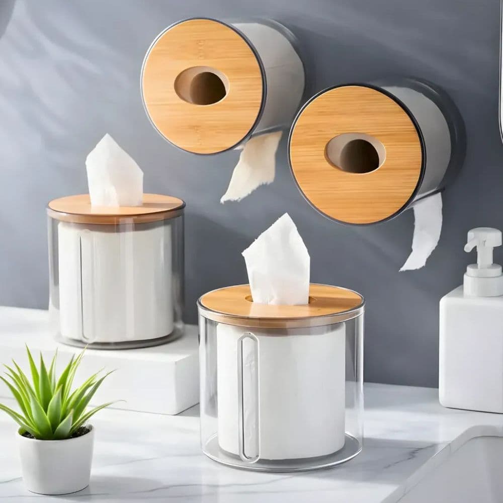 Dispenser Porta Papel Higiênico Com Tampa em Bambu - Suporte Organizador De Banheiro Lavabo Organização