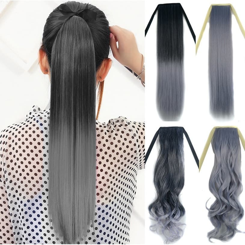 Reta Longa Encaracolado Cinza Mulheres Peruca Rabo De Cavalos Feminino Cordão Extensões De Cabelo Rabo De Cavalo De Alta