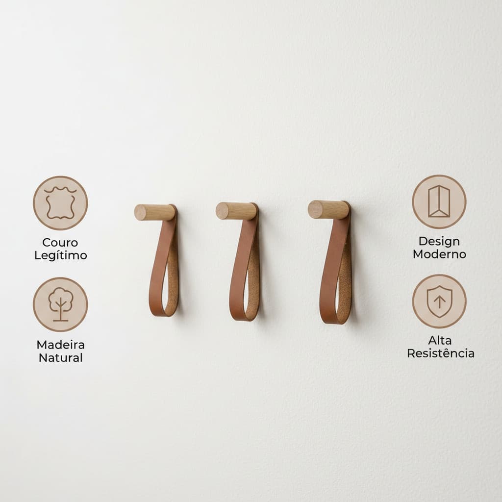 Kit 3 Ganchos cabideiro em  Madeira Pinus com Couro Legítimo Cabideiro Parede Decorativo Organizador