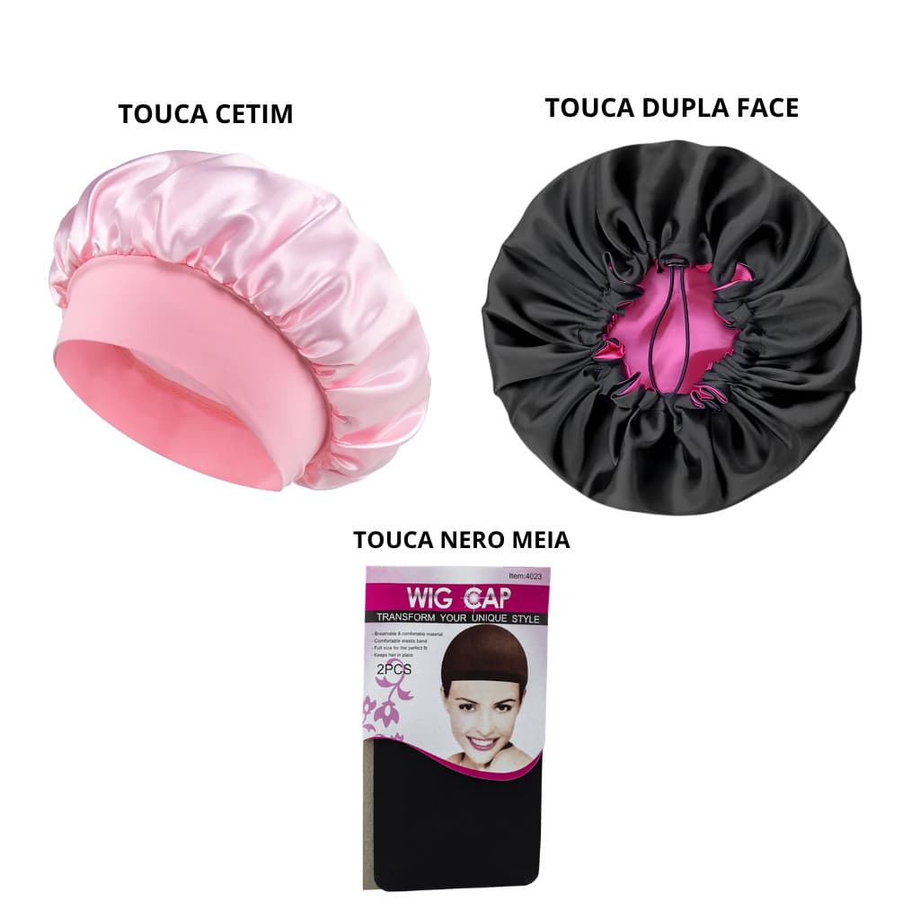 Toucas Antifrizz Kit com 3 - Touca de Cetim, Touca Dupla face, Touca Nero