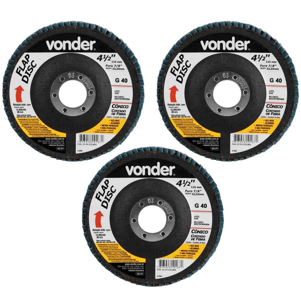 KIT 3 DISCO FLAP CONICO DESBASTE LIXA 4.1/2" 115MM G40 C/ FIBRA