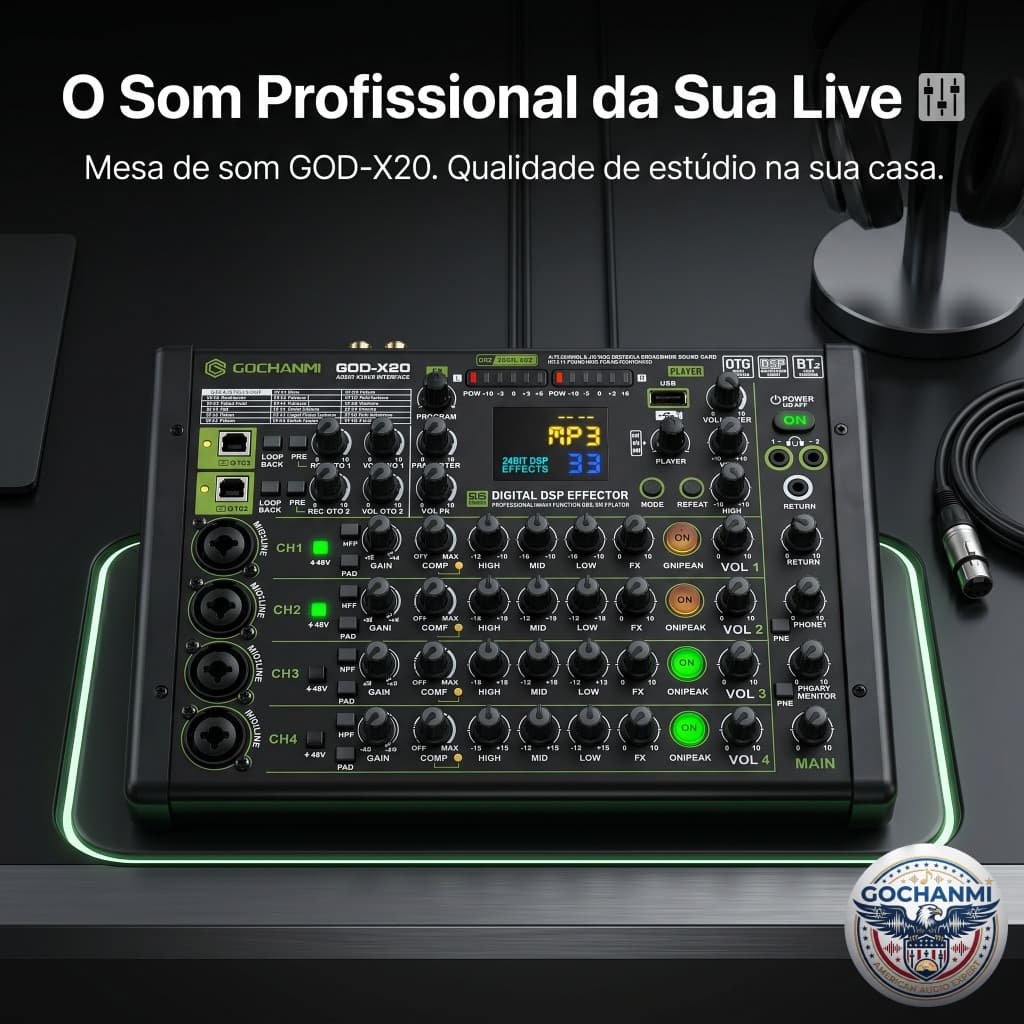 Mesa de Som GQD-X20 4 Canais com Controle de Voz COMP EQ e Efeitos DSP