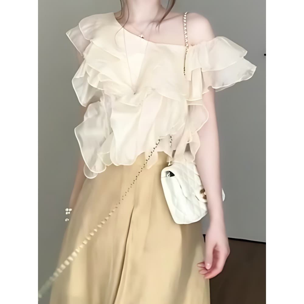 Único Irregular fora do ombro curto topo feminino verão gigante-olhando um ombro sem mangas de seda gelo pequena camisa