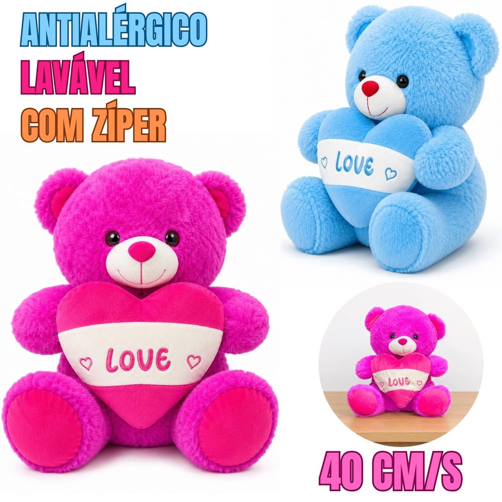 Ursinho de Pelúcia 40cm com Coração Love Antialérgico Lavável com Zíper Decorativo