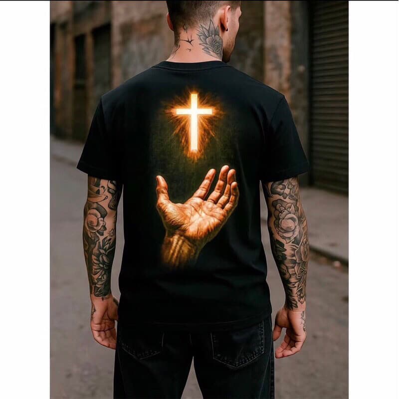 Camiseta Masculino Cruz Dourada Brilhante 100% Algodão para looks streetwear