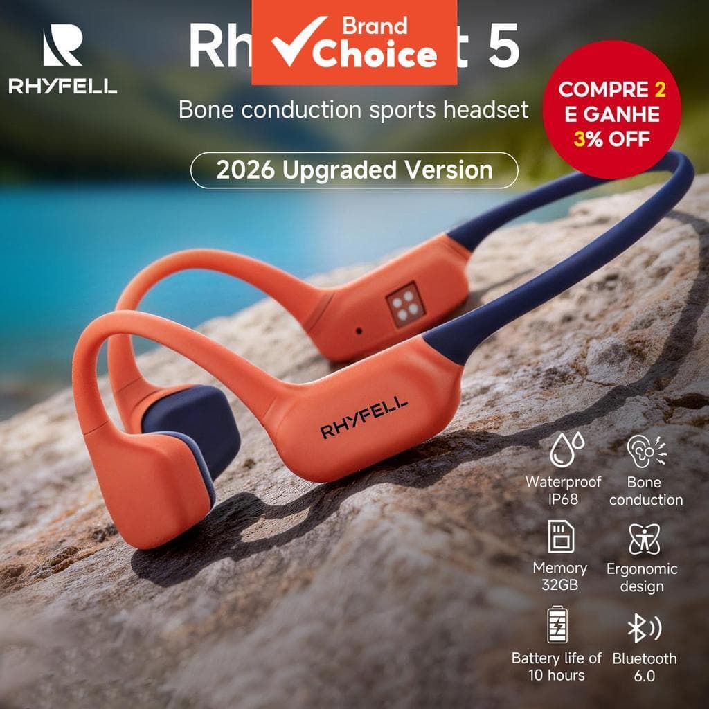 Fones de Ouvido Sem Fio Bluetooth 6.0 Condução Óssea RHYFELL FIT 5, Classificação IP68 à Prova D'água, 10h de Bateria,