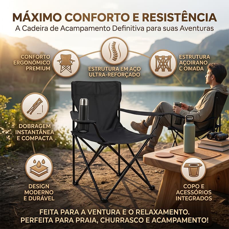Cadeira dobrável para camping e praia suporte duplo para copos estrutura de aço reforçado até 120kg com bolsa de transpo