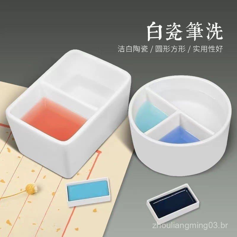 Paleta de cores de porcelana de Jingdezhen com dois e três compartimentos, lavador de pincéis quadrado de porcelana bran