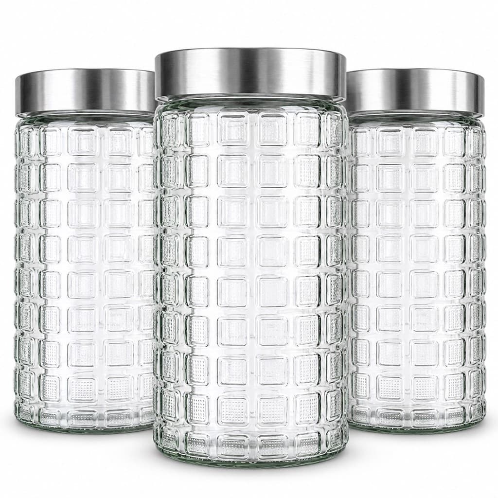 Conjunto 3 Potes De Vidro 1800ml Organizador Mantimentos Tampa Inox Café Açucar Cozinha Hermetico