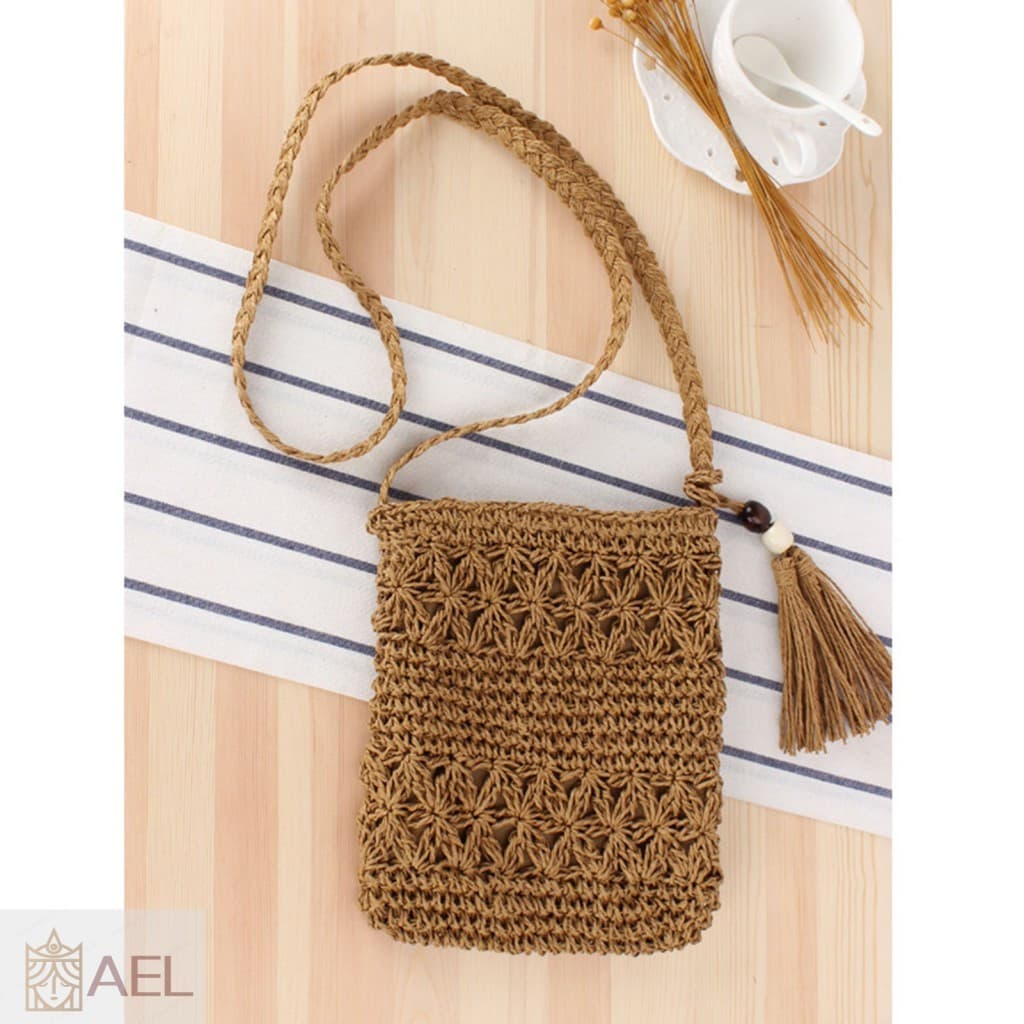 Bolsa Crossbody Quadrada De Palha Com Borla-Boho Marrom Bege Para Festas De Compras