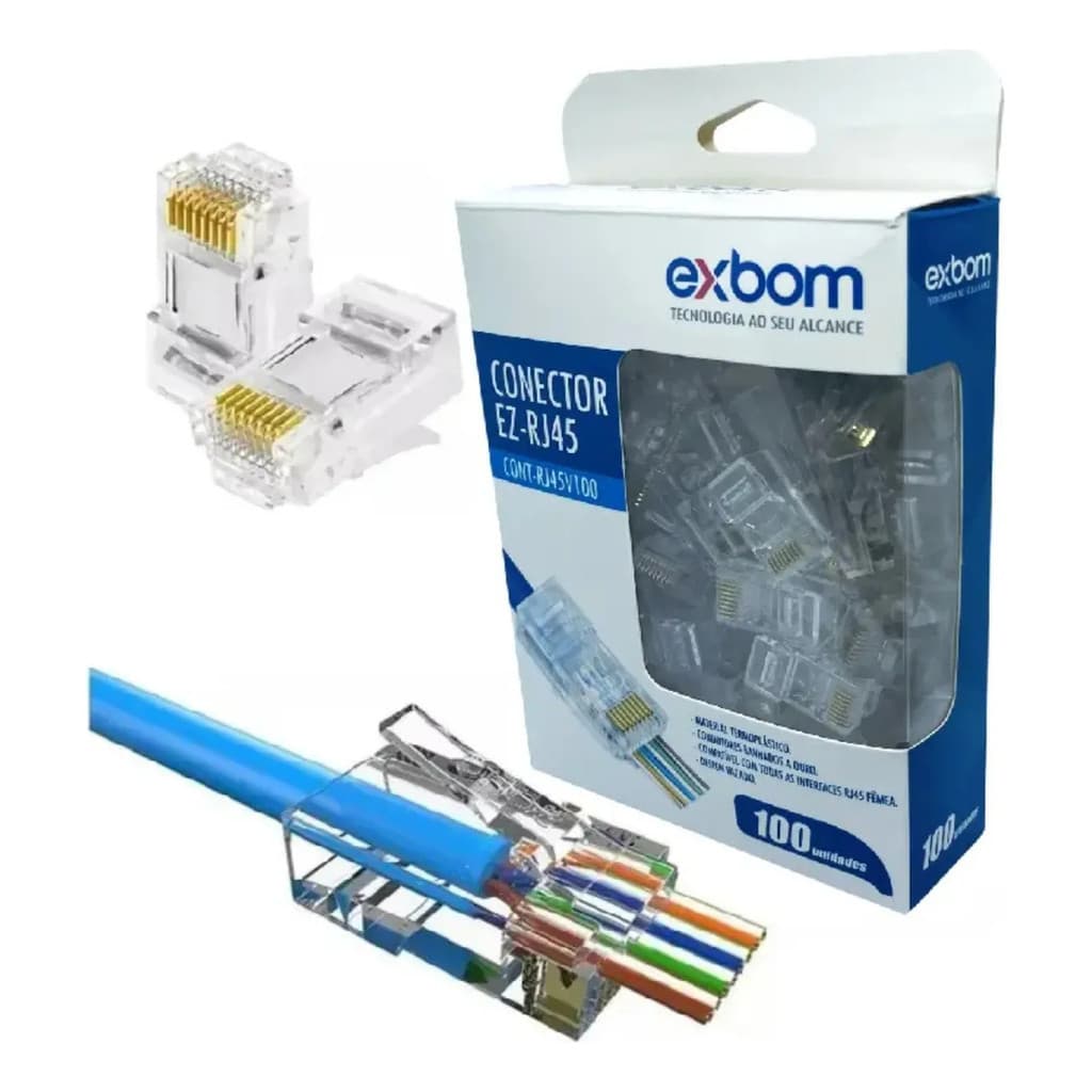 Conector Rj45 Ez Macho Cat5e Cat6 Cabo Rede Vazado 100un