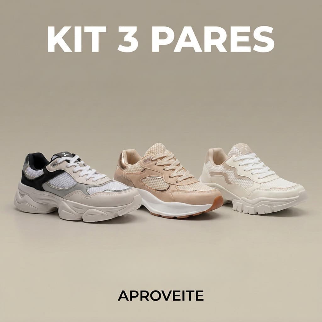 Kit 3 Pares Tênis Chunky Acolchoado Solado Alto Elegante Estiloso