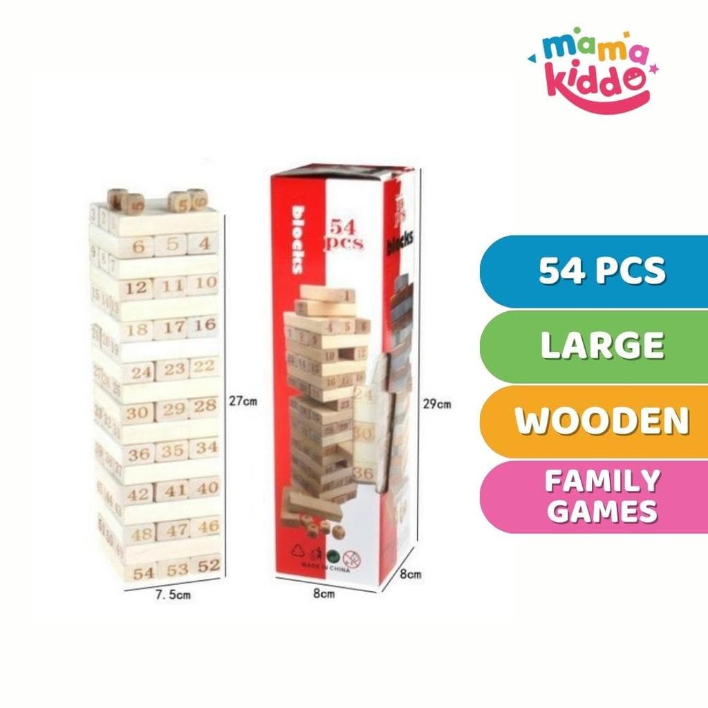 MamaKiddo 54 Peças de Blocos de Madeira para Empilhar e Formar Torre, Brinquedo com 4 Dados GRÁTIS, Jogos Familiares par