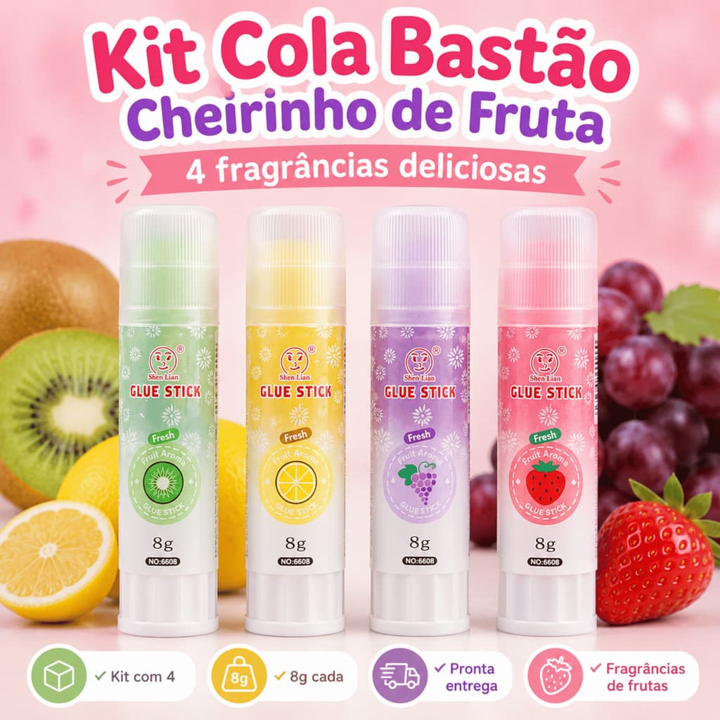 Kit 4 Colas Bastão Cheirinho de Fruta 8g Escolar Kiwi Limão Uva Morango