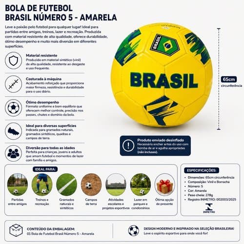 Bola Futebol Oficial Tamanho 5 Alta Qualidade Durabilidade Amarela Brasil