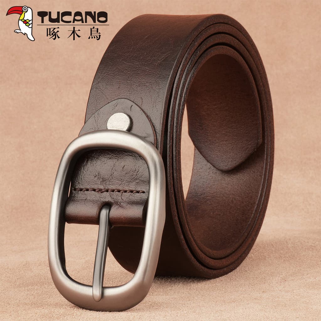 Woodpecker masculino primeira camada de couro cinto pino fivela cinto calças de couro masculino cinto de couro masculino
