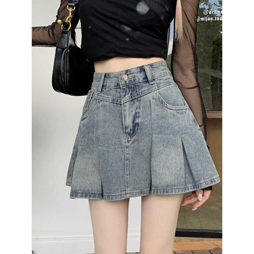 Verão cintura alta mais magro olhar Denim saia plissada roupas femininas 2024 novo estilo americano Retro chique menina