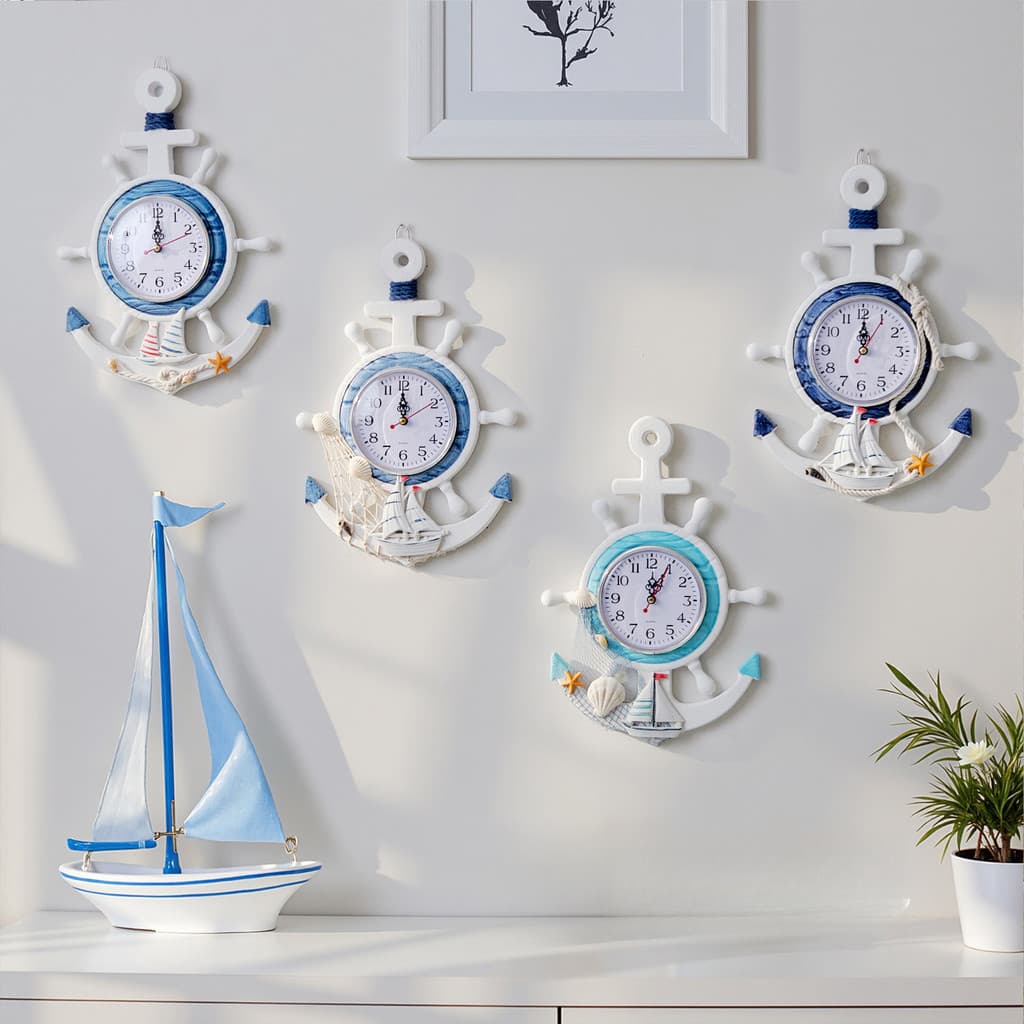 [Estoque pronto] Relógio de âncora estilo mediterrâneo, decoração criativa de parede para casa, relógio eletrônico de ma