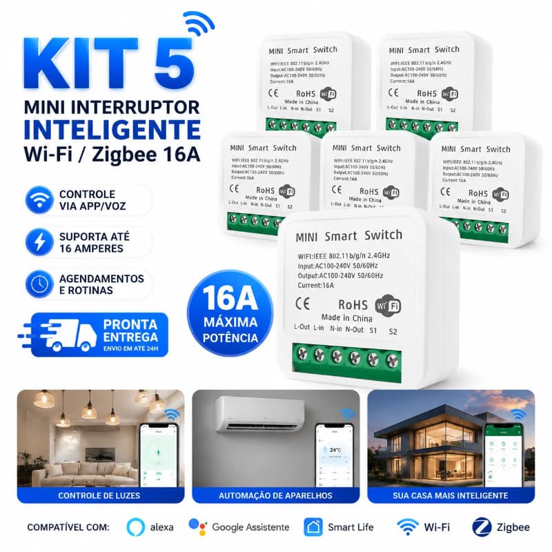 5 Pecas Mini Interruptor Inteligente Wi-fi Zigbee 16a Módulo Relé Automação Residencial