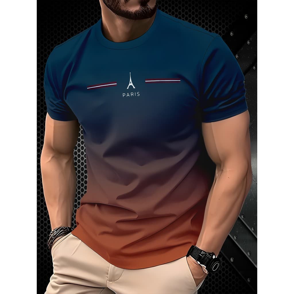 Camiseta Gradiente Masculina Com Estampa 3D Manga Curta Na Torre Eiffel Em Paris Roupas Elegantes E Legais De Verão Hip