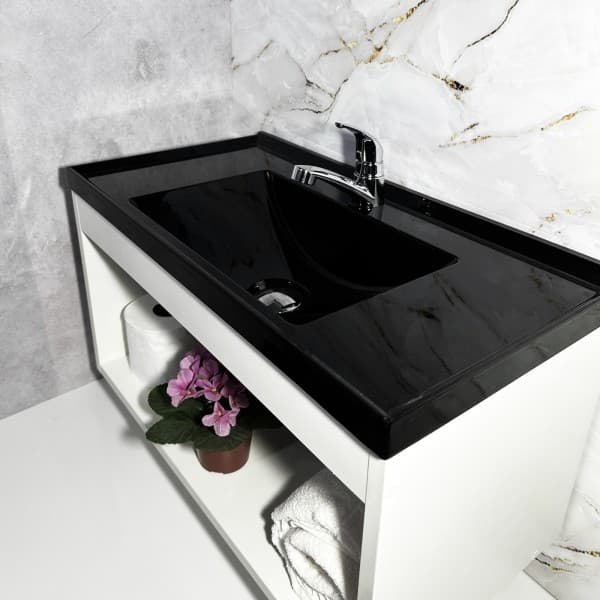 Kit Gabinete Banheiro com Pia 60cm com Torneira Prata + Válvula Click Prata +Sifão e Engate para Lavatório