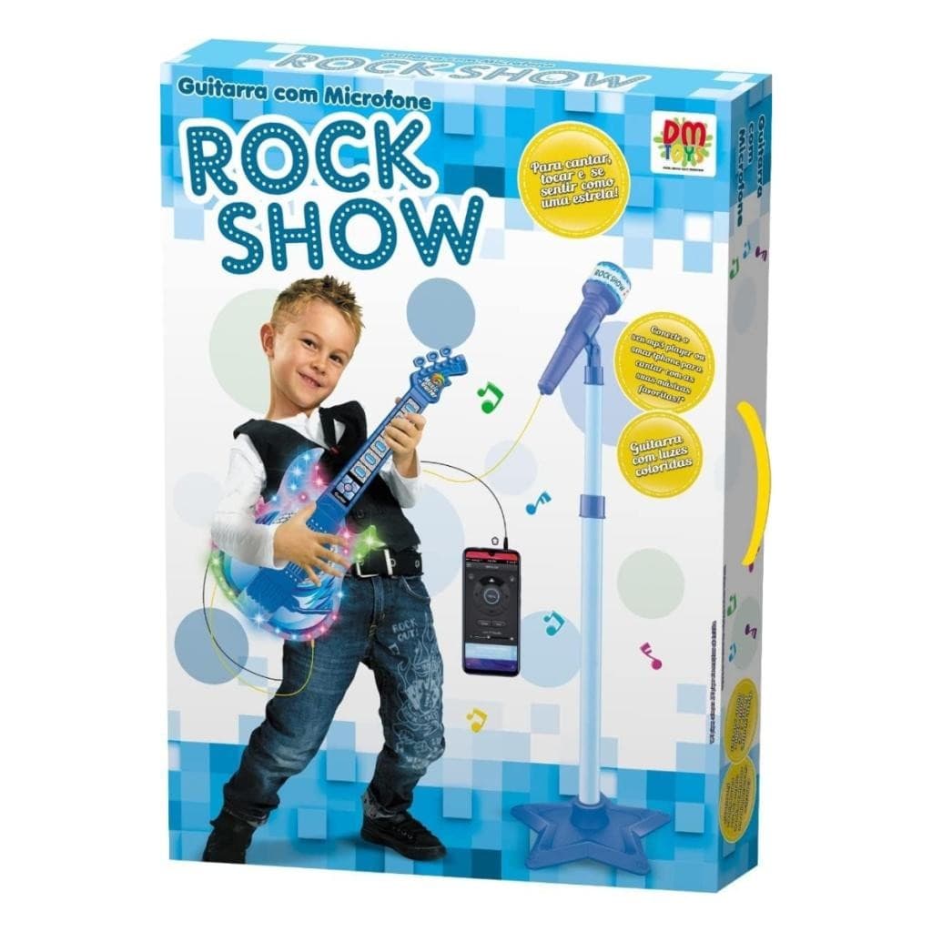 Guitarra Microfone Pedestal Rock Show Azul DM Toys Luz Som Infantil