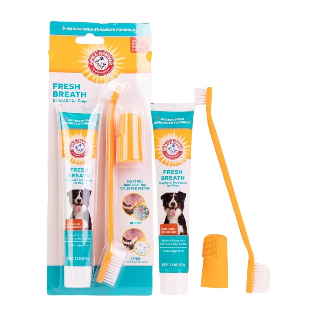 Kit de Higiene Bucal Arm & Hammer para Cães - Pasta de Dente com Escova Dupla Face e Dedeira