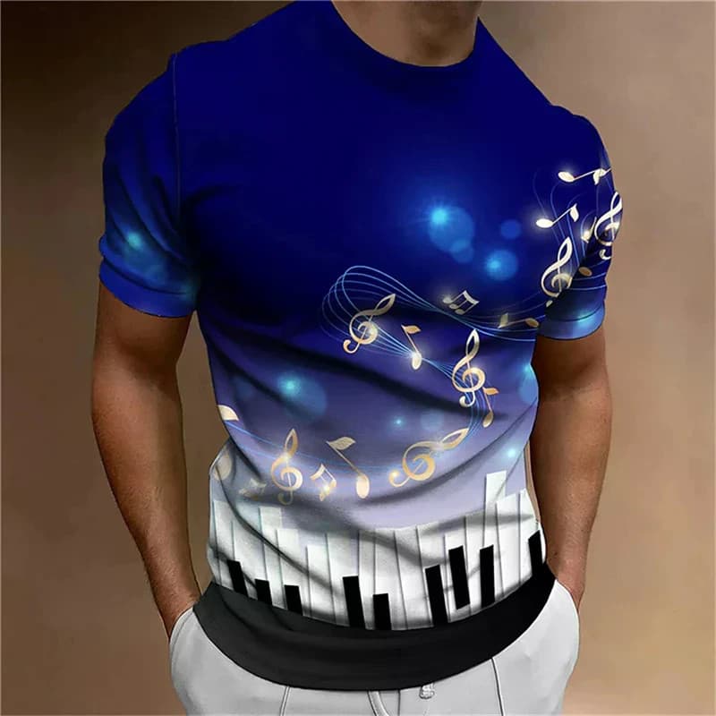 Balck 3D Notas Musicais Impressas Homem T Camisas Diárias Casual Manga Curta Camiseta Masculina Designer De Rua Camiseta